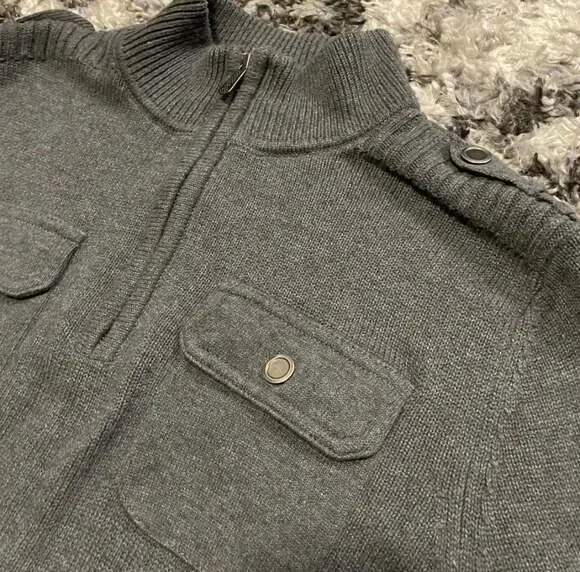 Apt. 9 Men's Gray 1/4 Zip Mock Neck Sweater with Chest Pockets and Epaulettes - Picture 2 of 5